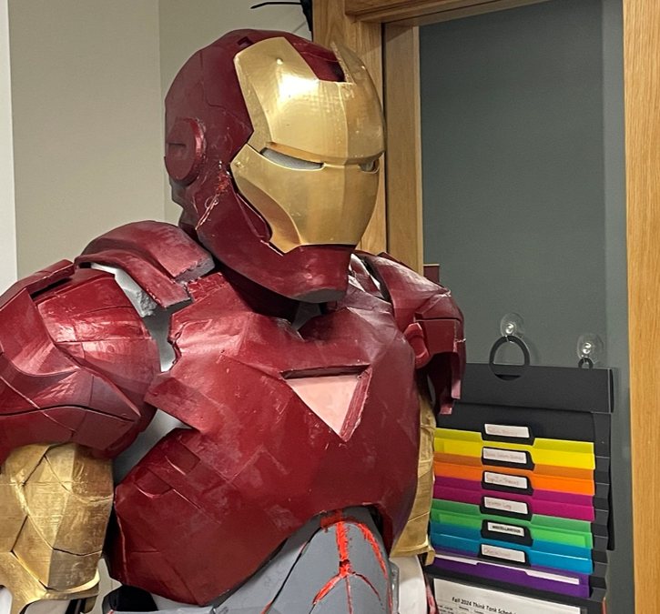 Upper body of the finished suit, showing the helmet, chest piece, and shoulder armor