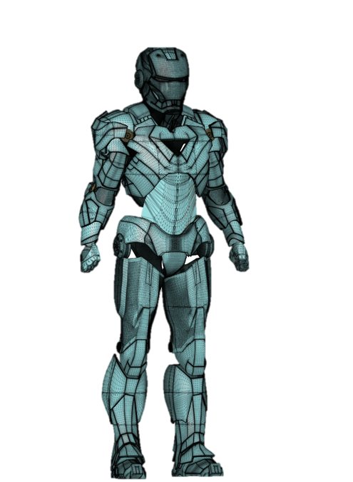 3D model of the suit shown as a blue wireframe mesh