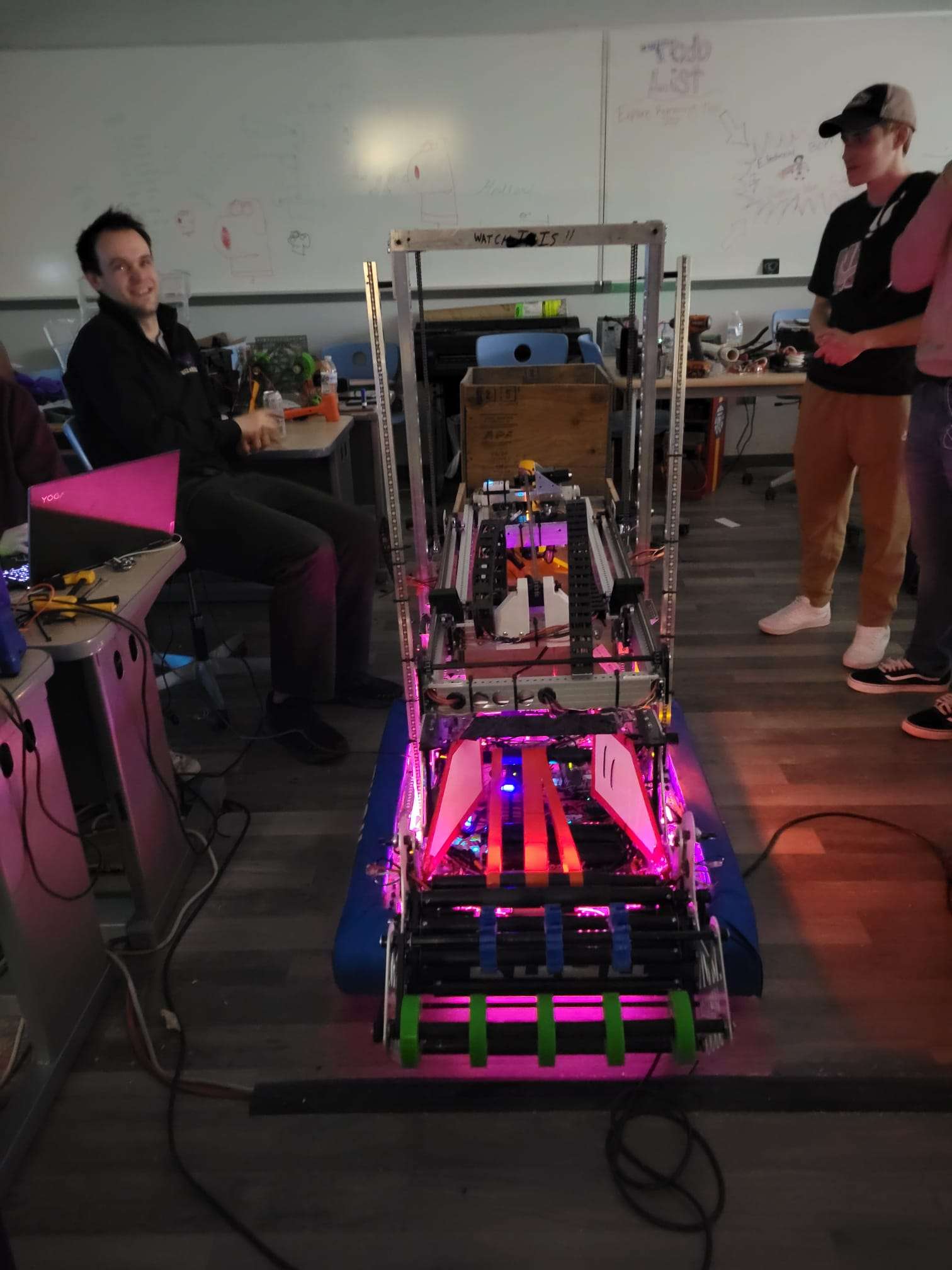 The robot in the workshop during build season