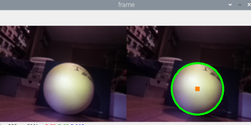 Screenshot of the TensorFlow object tracking program drawing a bounding box around a tracked ball